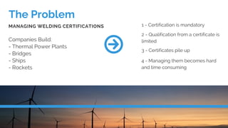 The Problem
Companies Build:
- Thermal Power Plants
- Bridges
- Ships
- Rockets
MANAGING WELDING CERTIFICATIONS 1 - Certification is mandatory
2 - Qualification from a certificate is
limited
3 - Certificates pile up
4 - Managing them becomes hard
and time consuming
 