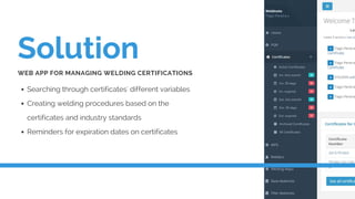 Solution
Searching through certificates' different variables
Creating welding procedures based on the
certificates and industry standards
Reminders for expiration dates on certificates
WEB APP FOR MANAGING WELDING CERTIFICATIONS 
 