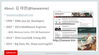 Copyright	©	2017, Oracle	and/or	its	affiliates.	All	rights	reserved.		|
About:	김 태완(@taewanme)
• taewanme@gmail.com
• 1999	~	2006	Java	(SI,	Developer)
• 2007	~	2013	Middleware	Engineer
– WAS,	Memory	Cache,	CEP,	DB	Replication
• 2013	~	2014	CouchDB,	Erlang (SE)
• 2015	~	Big	Data,	ML,	Deep	Learning(SC)
http://taewan.kim
 