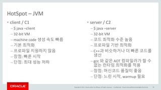 Copyright	©	2017, Oracle	and/or	its	affiliates.	All	rights	reserved.		|
HotSpot – JVM
• client	/	C1
– $	java	–client
– 32-bit	VM
– machine	code	생성 속도 빠름
– 기본 최적화
– 프로파일 지원하지 않음
– 장점: 빠른 시작
– 단점: 최대 성능 저하
Confidential	– Oracle	Internal/Restricted/Highly	Restricted 39
• server	/	C2
– $	java	–server
– 32-bit	VM
– 코드 최적화 수준 높음
– 프로파일 기반 최적화
– C++과 비슷하거나 더 빠른 코드를
생산
– gcc 와 같은 AOT	컴파일러가 할 수
없는 런타임 최적화를 적용
– 장점: 머신코드 품질이 좋음
– 단점: 느린 시작, warmup	필요
 