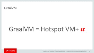 Copyright	©	2017, Oracle	and/or	its	affiliates.	All	rights	reserved.		|
GraalVM
GraalVM =	Hotspot	VM+	𝜶
Confidential	– Oracle	Internal/Restricted/Highly	Restricted 45
 