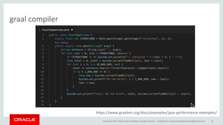 Copyright	©	2017, Oracle	and/or	its	affiliates.	All	rights	reserved.		|
graal compiler
Confidential	– Oracle	Internal/Restricted/Highly	Restricted 58
https://www.graalvm.org/docs/examples/java-performance-examples/
 