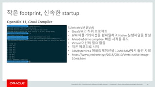 Copyright	©	2017, Oracle	and/or	its	affiliates.	All	rights	reserved.		|
작은 footprint,	신속한 startup
Confidential	– Oracle	Internal/Restricted/Highly	Restricted 64
OpenJDK 11,	Graal Compiler
SubstrateVM	(SVM)
• GraalVM의 하위 프로젝트
• JVM	애플리케이션을 컴파일하여 Native	실행파일을 생성
• Ahead-of-time	compiler- 빠른 시작을 유도
• Virtual	머신이 필요 없음
• 작은 메모리로 시작
• 38Mbyte	virt.x	애플리케이션을 10MB	RAM에서 돌린 사례
• https://www.jetdrone.xyz/2018/08/10/Vertx-native-image-
10mb.html
 