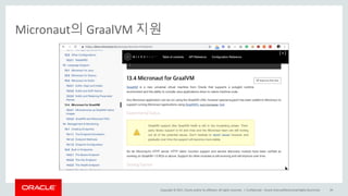 Copyright	©	2017, Oracle	and/or	its	affiliates.	All	rights	reserved.		|
Micronaut의 GraalVM 지원
Confidential	– Oracle	Internal/Restricted/Highly	Restricted 69
 