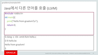 Copyright	©	2017, Oracle	and/or	its	affiliates.	All	rights	reserved.		|
Java에서 다른 언어를 호출 (LLVM)
Confidential	– Oracle	Internal/Restricted/Highly	Restricted 85
#include	<stdio.h>
int main(){
print(“Hello	from	graalvm!n”);
return 0;	
}
$	clang	-c	-O1	-emit-llvm hello.c
$	lli hello.bc
Hello	from	graalvm!
$
graaldemo/example/e03
 