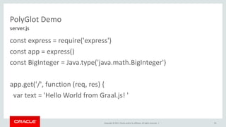 Copyright	©	2017, Oracle	and/or	its	affiliates.	All	rights	reserved.		|
PolyGlot Demo
const express	=	require('express')
const app	=	express()
const BigInteger =	Java.type('java.math.BigInteger')
app.get('/',	function	(req,	res)	{
var text	=	'Hello	World	from	Graal.js!	'
89
server.js
 