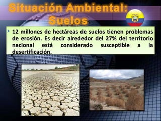 12 millones de hectáreas de suelos tienen problemas de erosión. Es decir alrededor del 27% del territorio nacional está considerado susceptible a la desertificación. 