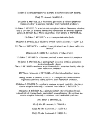 školstve a školskej samospráve a o zmene a doplnení niektorých zákonov.
20a) § 73 zákona č. 305/2005 Z.z.
21) Zákon č. 115/1998 Z.z. o múzeách a galériách a o ochrane predmetov
múzejnej hodnoty a galerijnej hodnoty v znení neskorších predpisov.
22) Zákon č. 183/2000 Z.z. o knižniciach, o doplnení zákona Slovenskej národnej
rady č. 27/1987 Zb. o štátnej pamiatkovej starostlivosti a o zmene a doplnení
zákona č. 68/1997 Z.z. o Matici slovenskej v znení zákona č. 416/2001 Z.z.
23) Zákon č. 49/2002 Z.z. o ochrane pamiatkového fondu.
24) Zákon č. 61/2000 Z.z. o osvetovej činnosti v znení zákona č. 416/2001 Z.z.
25) Zákon č. 395/2002 Z.z. o archívoch a registratúrach a o doplnení niektorých
zákonov.
26) Zákon č. 543/2002 Z.z. o ochrane prírody a krajiny.
27) Zákon č. 17/1992 Zb. o životnom prostredí v znení neskorších predpisov.
28) Zákon č. 313/1999 Z.z. o geologických prácach a o štátnej geologickej
správe (geologický zákon).
Zákon č. 44/1988 Zb. o ochrane a využití nerastného bohatstva (banský zákon) v
znení neskorších predpisov.
29) Vládne nariadenie č. 96/1953 Zb. o Hydrometeorologickom ústave.
29aa) § 24 ods. 5 zákona č. 575/2001 Z.z. o organizácii činnosti vlády a
organizácii ústrednej štátnej správy v znení neskorších predpisov.
30) Zákon č. 355/2007 Z.z. o ochrane, podpore a rozvoji verejného zdravia a o
zmene a doplnení niektorých zákonov v znení zákona č. 140/2008 Z.z.
30a) Zákon č. 578/2004 Z.z. o poskytovateľoch zdravotnej starostlivosti,
zdravotníckych pracovníkoch, stavovských organizáciách v zdravotníctve a o
zmene a doplnení niektorých zákonov v znení neskorších predpisov.
30b) Zákon č. 317/2009 Z.z.
30c) § 46 a 47 zákona č. 317/2009 Z.z.
30d) § 46 ods. 5 zákona č. 317/2009 Z.z.
30e) § 50 ods. 1 zákona č. 317/2009 Z.z.

 