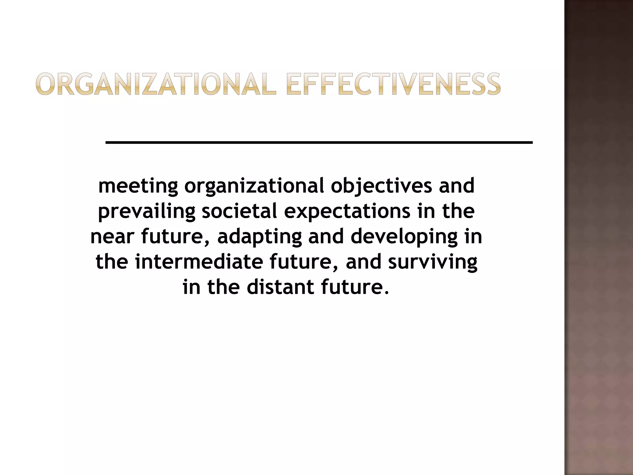 meeting organizational objectives and
 prevailing societal expectations in the
near future, adapting and developing in
the intermediate future, and surviving
          in the distant future.
 