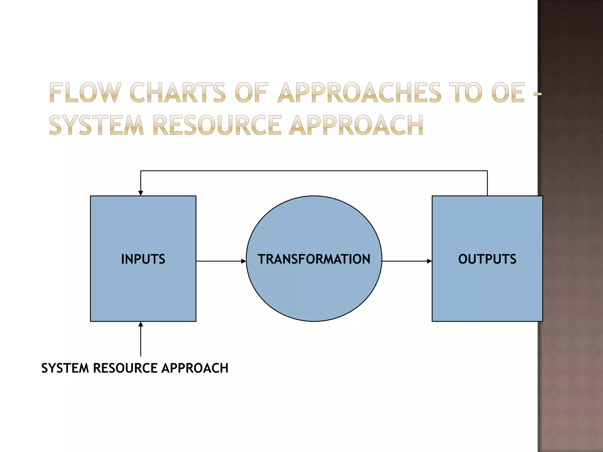 INPUTS           TRANSFORMATION   OUTPUTS




SYSTEM RESOURCE APPROACH
 