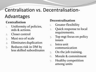 Centralisation vs. Decentralisation-
Advantages
                               Decentralisation
Centralistion
                               1. Greater flexibility
1. Uniformity of policies,
   stds & actions.             2. Quick response to local
                                  requirements.
2. Closer control
                               3. Top mgt focus on policy
3. Maxi eco of scale
                                  issues
4. Eliminates duplication
                               4. Intra unit
5. Reduces risk in DM by          communication
   less skilled subordinates
                               5. On the job training.
                               6. Morale & commitment
                               7. Healthy competition
                                  among units
 