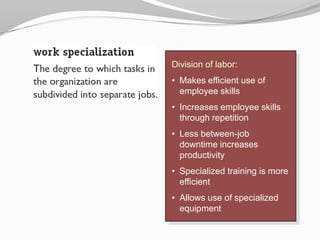 Division of labor:
• Makes efficient use of
  employee skills
• Increases employee skills
  through repetition
• Less between-job
  downtime increases
  productivity
• Specialized training is more
  efficient
• Allows use of specialized
  equipment
 