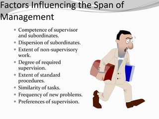 Factors Influencing the Span of
Management
    Competence of supervisor
       and subordinates.
      Dispersion of subordinates.
      Extent of non-supervisory
       work.
      Degree of required
       supervision.
      Extent of standard
       procedures.
      Similarity of tasks.
      Frequency of new problems.
      Preferences of supervision.
 