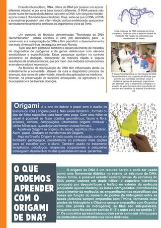 é a arte de dobrar o papel sem o auxilio de
tesoura ou cola ( origami puro ). Não existe tamanho , formato ou
tipo de folha específica para fazer uma peça. Com uma folha de
papel é possível se fazer objetos geométricos, fauna e flora,
enfeites, cartões, composições (chamados origami modular -
várias folhas que, quando juntas formam outras formas ).
A palavra Origami se originou do Japão, significa: - dobrar ,
- papel. OruKami se transformou em Origami.
Aqui no Brasil o Origami é muito usado na educação, como um
facilitador pedagógico, possibilitanto ao professor mais opções
para se trabalhar com o aluno. Também usado no tratamento
terapêutico, psicólogos, terapeutas ocupacionais e psiquiatras
conseguem desenvolver muitas qualidades em seus pacientes.
Origami
Oru
Kami
O origami de DNA é um recurso barato e pode ser usado
como uma ferramenta didática no ensino da estrutura do DNA.
Dessa forma, é possível estudar características da estrutura do
DNA como: cadeias em dupla hélice; o esqueleto hidrofílico
composto por desoxirribose e fosfato no exterior da molécula
(esqueleto açúcar-fosfato); as bases nitrogenadas (hidrofóbicas)
para o interior da molécula; os emparelhamentos específicos das
bases em função do número de pontes de hidrogênio entre as
bases (Adenina sempre emparelha com Timina, formando duas
pontes de hidrogênio e Citosina sempre emparelha com Guanina
com três pontes de hidrogênio); as fitas são anti-paralelas,
enquanto uma fita está em sentido 5’–3’a outra está no sentido 3 ’-
5’. Os conceitos apresentados podem servir como um reforço para
os conteúdos encontrados nos livros didáticos.
Um conjunto de técnicas denominadas "Tecnologia do DNA
Recombinante" utiliza enzimas (em laboratório) para o
isolamento e a manipulação do DNA e têm permitido o desenvolvimento
das mais diversas linhas de pesquisa em todo Mundo.
in vitro
Tudo isso tem permitido também o desenvolvimento de métodos
de diagnóstico de patógenos e de genes defeituosos com elevada
sensibilidade e especificidade. Estas pesquisas auxiliam no controle
preventivo de doenças, fornecendo de maneira rápida e segura
resultados de análises clínicas, que por meio dos métodos convencionais
eram demorados e imprecisos.
As técnicas de manipulação do DNA têm influenciado direta ou
indiretamente a sociedade, através da cura e diagnóstico precoce de
doenças, dos testes de paternidade, através das aplicações na medicina
forense, na preservação de espécies ameaçadas, na agricultura e na
busca pela cura de diversas doenças.
O ácido ribonucléico, RNA, difere do DNA por possuir um açúcar
diferente (ribose) e por uma base (uracil) diferente. O RNA parece não
existir numa forma de dupla hélice, tal como o DNA. Um conjunto fosfato-
açúcar-base é chamado de nucleotídeo. Hoje, sabe-se que o DNA, o RNA
e as enzimas possuem uma inter-relação curiosa e elaborada, que parece
ser exatamente a mesma em todos os organismos vivos daTerra.
Uma molécula de RNA dobrada de forma
complexa. Pode ser vista a espinha dorsal da
molécula (fita roxa) e as estruturas que
representam as bases.
A Engenharia Genética ou Tecnologia do DNA
Recombinante é um conjunto de técnicas que
permite aos cientistas identificar, isolar e
multiplicar genes de quaisquer organismos.
Um exemplo seria o isolamento, extração e o
enxerto de gene humano para a produção de
insulina em bactérias da espécie Escherichia
coli.
O que
podemos
aprender
com o
Origami
de DNA?
 