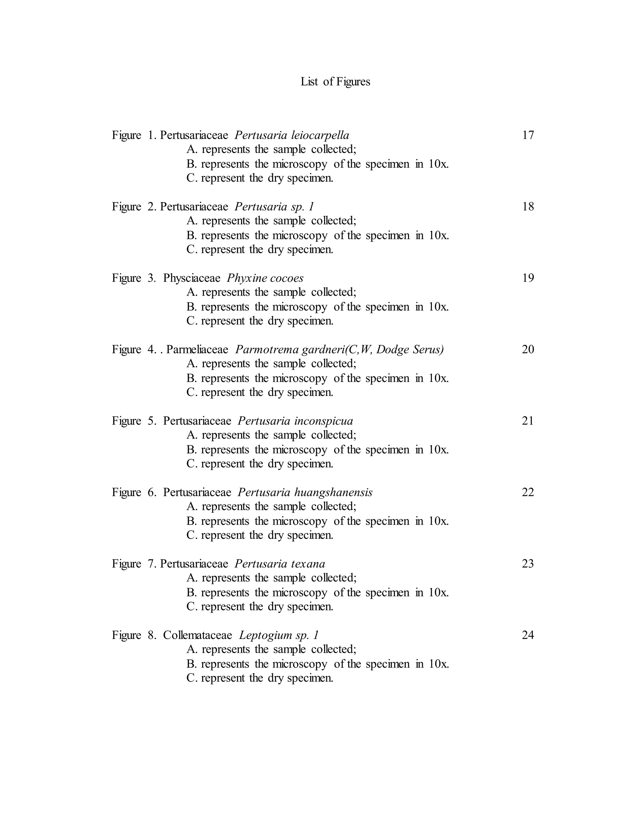 List of Figures
Figure 1. Pertusariaceae Pertusaria leiocarpella 17
A. represents the sample collected;
B. represents the microscopy of the specimen in 10x.
C. represent the dry specimen.
Figure 2. Pertusariaceae Pertusaria sp. 1 18
A. represents the sample collected;
B. represents the microscopy of the specimen in 10x.
C. represent the dry specimen.
Figure 3. Physciaceae Phyxine cocoes 19
A. represents the sample collected;
B. represents the microscopy of the specimen in 10x.
C. represent the dry specimen.
Figure 4. . Parmeliaceae Parmotrema gardneri(C,W, Dodge Serus) 20
A. represents the sample collected;
B. represents the microscopy of the specimen in 10x.
C. represent the dry specimen.
Figure 5. Pertusariaceae Pertusaria inconspicua 21
A. represents the sample collected;
B. represents the microscopy of the specimen in 10x.
C. represent the dry specimen.
Figure 6. Pertusariaceae Pertusaria huangshanensis 22
A. represents the sample collected;
B. represents the microscopy of the specimen in 10x.
C. represent the dry specimen.
Figure 7. Pertusariaceae Pertusaria texana 23
A. represents the sample collected;
B. represents the microscopy of the specimen in 10x.
C. represent the dry specimen.
Figure 8. Collemataceae Leptogium sp. 1 24
A. represents the sample collected;
B. represents the microscopy of the specimen in 10x.
C. represent the dry specimen.
 