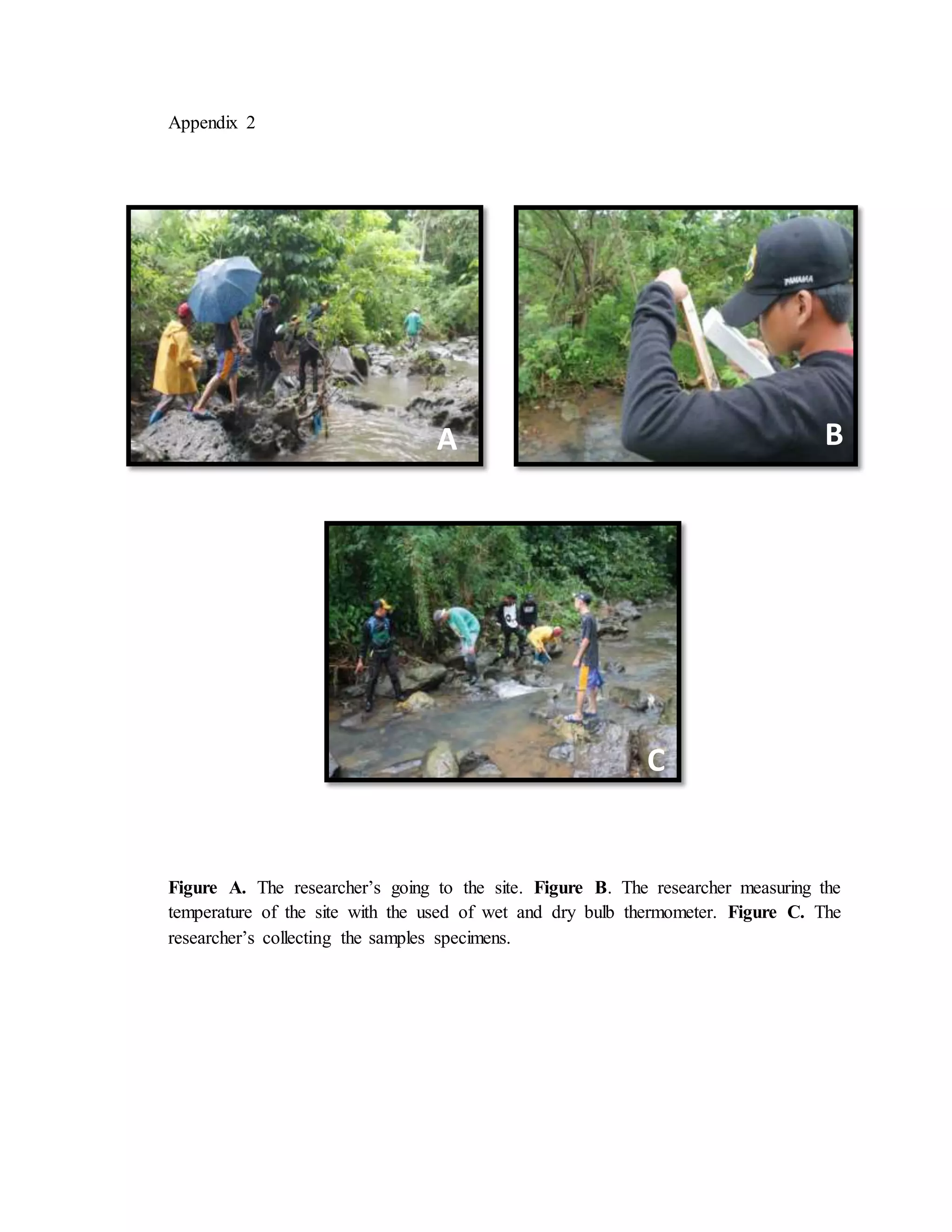 Appendix 2
Figure A. The researcher’s going to the site. Figure B. The researcher measuring the
temperature of the site with the used of wet and dry bulb thermometer. Figure C. The
researcher’s collecting the samples specimens.
A
C
B
D
 