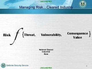 UNCLASSIFIED

Managing Risk…Cleared Industry

f

{Threat,

Vulnerability,

Consequence
Value

National Cleared
Industrial
Base

1
UNCLASSIFIED

{

Risk

 
