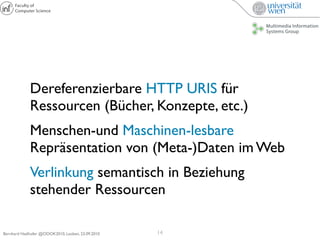 Dereferenzierbare HTTP URIS für
             Ressourcen (Bücher, Konzepte, etc.)
             Menschen-und Maschinen-lesba...