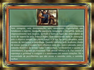 Sem coragem, sem determinação, sem entusiasmo, ingredientes que
fortalecem o espírito, dando-lhe paciência, resignação e disciplina, nenhum
empreendimento terá sucesso, fazendo o homem fugir das dificuldades ao
invés de superá-las pelo esforço digno. Sem entusiasmo nada se consegue,
pois o objetivo sempre nos parece longe, e já nos faz sentir cansados, antes
mesmo de iniciarmos a caminhada. Quando visitados pelo desânimo diante
de nossas provas, é sempre bom olharmos para trás, para o passado, para o
conceito histórico de nossas vidas. Com certeza, verificaremos o quanto já
caminhamos, o quanto já crescemos. Esta atitude reforça a fé. Faz crescer a
esperança e germinar a coragem e o entusiasmo em nossos corações. Há a
necessidade de percebermos que não existe o caminho certo, o caminho
melhor.
 