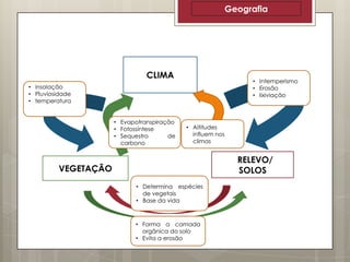 Geografia

CLIMA

• Intemperismo
• Erosão
• lixiviação

• insolação
• Pluviosidade
• temperatura
• Evapotranspiração
• Fotossíntese
• Sequestro
de
carbono

• Altitudes
influem nos
climas

RRELEVO/
SOLOS

VEGETAÇÃO
• Determina espécies
de vegetais
• Base da vida

• Forma a camada
orgânica do solo
• Evita a erosão

 