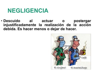 NEGLIGENCIA
• Descuido al actuar o postergar
injustificadamente la realización de la acción
debida. Es hacer menos o dejar de hacer.
 