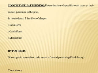 TOOTH TYPE PATTERNING:Determination of specific tooth types at their
correct positions in the jaws.
In heterodonts, 3 families of shapes:
oIncisiform
oCaniniform
oMolariform
HYPOTHESIS
Odontogenic homeobox code model of dental patterning(Field theory)
Clone theory
 