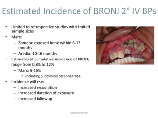 Estimated Incidence of BRONJ 2° IV BPs
• Limited to retrospective studies with limited
  sample sizes
• Marx:
   – Zometa: exposed bone within 6-12
      months
   – Aredia: 10-16 months
• Estimates of cumulative incidence of BRONJ
  range from 0.8% to 12%
   – Marx: 5-15%
        • Including Subclinical osteonecrosis
• Incidence will rise:
   – Increased recognition
   – Increased duration of exposure
   – Increased followup


                                      ikassem@dr.com
 