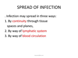 SPREAD OF INFECTION
. Infection may spread in three ways:
1. By continuity through tissue
   spaces and planes,
2. By way of lymphatic system
3. By way of blood circulation




                     ikassem@dr.com
 