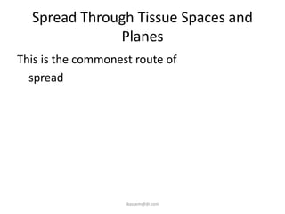 Spread Through Tissue Spaces and
              Planes
This is the commonest route of
  spread




                    ikassem@dr.com
 