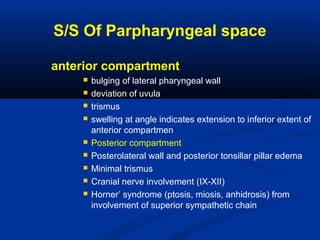 S/S Of Parpharyngeal space
anterior compartment
 bulging of lateral pharyngeal wall
 deviation of uvula
 trismus
 swelling at angle indicates extension to inferior extent of
anterior compartmen
 Posterior compartment
 Posterolateral wall and posterior tonsillar pillar edema
 Minimal trismus
 Cranial nerve involvement (IX-XII)
 Horner’ syndrome (ptosis, miosis, anhidrosis) from
involvement of superior sympathetic chain
 