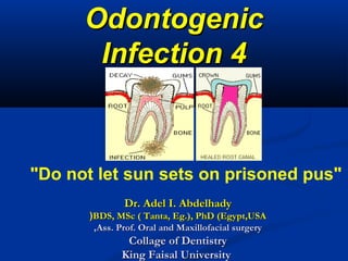 OdontogenicOdontogenic
Infection 4Infection 4
Dr. Adel I. AbdelhadyDr. Adel I. Abdelhady
BDS, MSc ( Tanta, Eg.), PhD (Egypt,USABDS, MSc ( Tanta, Eg.), PhD (Egypt,USA))
Ass. Prof. Oral and Maxillofacial surgeryAss. Prof. Oral and Maxillofacial surgery,,
Collage of DentistryCollage of Dentistry
King Faisal UniversityKing Faisal University
"Do not let sun sets on prisoned pus"
 