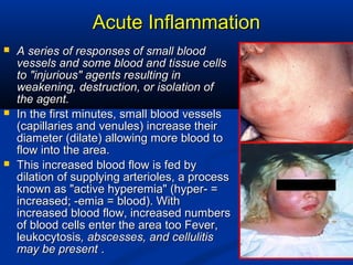 Acute InflammationAcute Inflammation
 A series of responses of small bloodA series of responses of small blood
vessels and some blood and tissue cellsvessels and some blood and tissue cells
to "injurious" agents resulting into "injurious" agents resulting in
weakening, destruction, or isolation ofweakening, destruction, or isolation of
the agent.the agent.
 In the first minutes, small blood vesselsIn the first minutes, small blood vessels
(capillaries and venules) increase their(capillaries and venules) increase their
diameter (dilate) allowing more blood todiameter (dilate) allowing more blood to
flow into the area.flow into the area.
 This increased blood flow is fed byThis increased blood flow is fed by
dilation of supplying arterioles, a processdilation of supplying arterioles, a process
known as "active hyperemia" (hyper- =known as "active hyperemia" (hyper- =
increased; -emia = blood). Withincreased; -emia = blood). With
increased blood flow, increased numbersincreased blood flow, increased numbers
of blood cells enter the area too Fever,of blood cells enter the area too Fever,
leukocytosisleukocytosis, abscesses, and cellulitis, abscesses, and cellulitis
may be presentmay be present ..
 