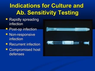 Indications for Culture andIndications for Culture and
Ab. Sensitivity TestingAb. Sensitivity Testing
 Rapidly spreadingRapidly spreading
infectioninfection
 Post-op infectionPost-op infection
 Non-responsiveNon-responsive
infectioninfection
 Recurrent infectionRecurrent infection
 Compromised hostCompromised host
defensesdefenses
 
