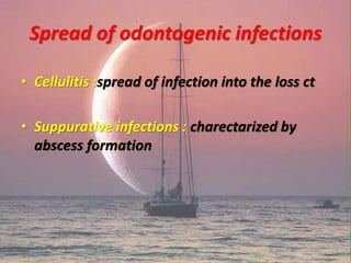 Spread of odontogenic infections
• Cellulitis :spread of infection into the loss ct
• Suppurative infections : charectarized by
abscess formation
 
