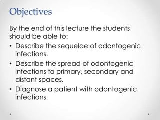 Objectives
By the end of this lecture the students
should be able to:
• Describe the sequelae of odontogenic
infections.
• Describe the spread of odontogenic
infections to primary, secondary and
distant spaces.
• Diagnose a patient with odontogenic
infections.
 