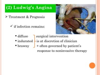 (2) Ludwig’s Angina
 Treatment & Prognosis

   if infection remains:

      diffuse   surgical intervention
      indurated is at discretion of clinician
      brawny    + often governed by patient’s
                  response to noninvasive therapy
 