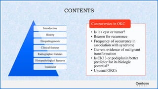 Contoso
S u i t e s
CONTENTS
Introduction
History
Etiopathogenesis
Clinical features
Radiographic features
Histopathological features
Treatment
• Is it a cyst or tumor?
• Reason for recurrence
• Frequency of occurrence in
association with syndrome
• Current evidence of malignant
transformation
• Is CK13 or podaplanin better
predictor for its biologic
potential?
• Unusual OKCs
Controversies in OKC
 