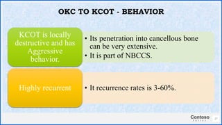 Contoso
S u i t e s
• Its penetration into cancellous bone
can be very extensive.
• It is part of NBCCS.
KCOT is locally
destructive and has
Aggressive
behavior.
• It recurrence rates is 3-60%.
Highly recurrent
27
OKC TO KCOT - BEHAVIOR
 