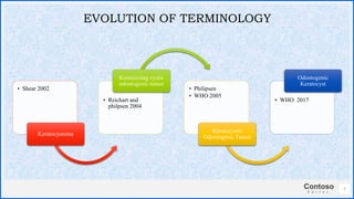 Contoso
S u i t e s
7
EVOLUTION OF TERMINOLOGY
• Shear 2002
Keratocystoma
• Reichart and
philpsen 2004
Keratinizing cystic
odontogenic tumor
• Philipsen
• WHO 2005
Keratocystic
Odontogenic Tumor
• WHO 2017
Odontogenic
Keratocyst
 