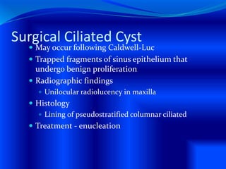 Surgical Ciliated Cyst
 May occur following Caldwell-Luc
 Trapped fragments of sinus epithelium that
undergo benign proliferation
 Radiographic findings
 Unilocular radiolucency in maxilla
 Histology
 Lining of pseudostratified columnar ciliated
 Treatment - enucleation
 