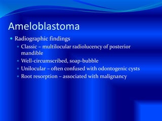 Ameloblastoma
 Radiographic findings
 Classic – multilocular radiolucency of posterior
mandible
 Well-circumscribed, soap-bubble
 Unilocular – often confused with odontogenic cysts
 Root resorption – associated with malignancy
 