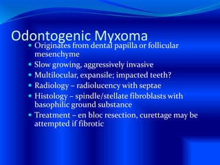 Odontogenic Myxoma Originates from dental papilla or follicular
mesenchyme
 Slow growing, aggressively invasive
 Multilocular, expansile; impacted teeth?
 Radiology – radiolucency with septae
 Histology – spindle/stellate fibroblasts with
basophilic ground substance
 Treatment – en bloc resection, curettage may be
attempted if fibrotic
 