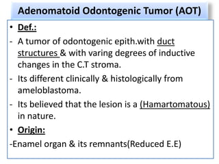 Adenomatoid Odontogenic Tumor (AOT)
• Def.:
- A tumor of odontogenic epith.with duct
  structures & with varing degrees of inductive
  changes in the C.T stroma.
- Its different clinically & histologically from
  ameloblastoma.
- Its believed that the lesion is a (Hamartomatous)
  in nature.
• Origin:
-Enamel organ & its remnants(Reduced E.E)
 