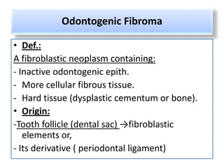 Odontogenic Fibroma

• Def.:
A fibroblastic neoplasm containing:
- Inactive odontogenic epith.
- More cellular fibrous tissue.
- Hard tissue (dysplastic cementum or bone).
• Origin:
-Tooth follicle (dental sac) →fibroblastic
   elements or,
- Its derivative ( periodontal ligament)
 
