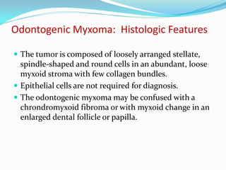 Odontogenic Myxoma: Histologic Features
 The tumor is composed of loosely arranged stellate,

spindle-shaped and round cells in an abundant, loose
myxoid stroma with few collagen bundles.
 Epithelial cells are not required for diagnosis.
 The odontogenic myxoma may be confused with a
chrondromyxoid fibroma or with myxoid change in an
enlarged dental follicle or papilla.

 
