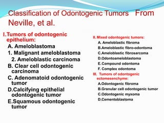 Classification of Odontogenic Tumors From

Neville, et al.
I.Tumors of odontogenic
epithelium:
A. Ameloblastoma
1. Malignant ameloblastoma
2. Ameloblastic carcinoma
B. Clear cell odontogenic
carcinoma
C. Adenomatoid odontogenic
tumor
D.Calcifying epithelial
odontogenic tumor
E.Squamous odontogenic
tumor

II. Mixed odontogenic tumors:
A. Ameloblastic fibroma
B.Ameloblastic fibro-odontoma
C.Ameloblastic fibrosarcoma
D.Odontoameloblastoma
E.Compound odontoma
F. Complex odontoma
III. Tumors of odontogenic
ectomesenchyme:
A.Odontogenic fibroma
B.Granular cell odontogenic tumor
C.Odontogenic myxoma
D.Cementoblastoma

 