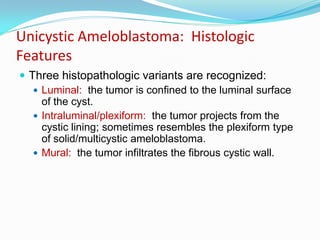 Unicystic Ameloblastoma: Histologic
Features
 Three histopathologic variants are recognized:
 Luminal: the tumor is confined to the luminal surface
of the cyst.
 Intraluminal/plexiform: the tumor projects from the
cystic lining; sometimes resembles the plexiform type
of solid/multicystic ameloblastoma.
 Mural: the tumor infiltrates the fibrous cystic wall.

 
