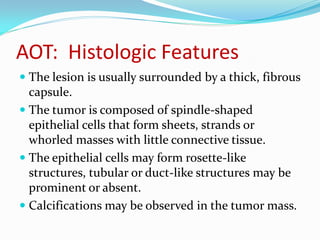 AOT: Histologic Features
 The lesion is usually surrounded by a thick, fibrous
capsule.
 The tumor is composed of spindle-shaped
epithelial cells that form sheets, strands or

whorled masses with little connective tissue.
 The epithelial cells may form rosette-like
structures, tubular or duct-like structures may be
prominent or absent.
 Calcifications may be observed in the tumor mass.

 
