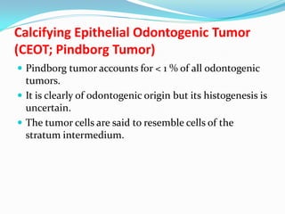 Calcifying Epithelial Odontogenic Tumor
(CEOT; Pindborg Tumor)
 Pindborg tumor accounts for < 1 % of all odontogenic

tumors.
 It is clearly of odontogenic origin but its histogenesis is
uncertain.
 The tumor cells are said to resemble cells of the
stratum intermedium.

 