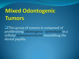 This group of tumors is composed of
proliferating odontogenic epithelium in a
cellular ectomesenchyme resembling the
dental papilla.

 